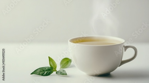 A steaming cup of green tea with a few tea leaves beside it, set on a clean white background. Simple and refreshing.