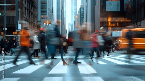 Blurred view of a large crowd of commuters and pedestrians crossing a busy urban intersection during rush hour in a metropolitan downtown area with skyscrapers and office buildings