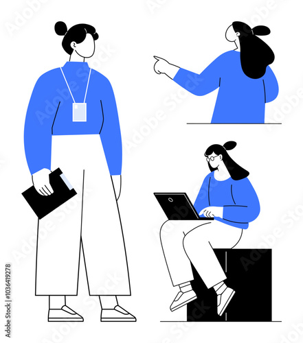 Three women in professional settings. One standing with clipboard, one seated with laptop, one gesturing. Ideal for work, business, teamwork, technology, communication. Modern minimalistic flat style