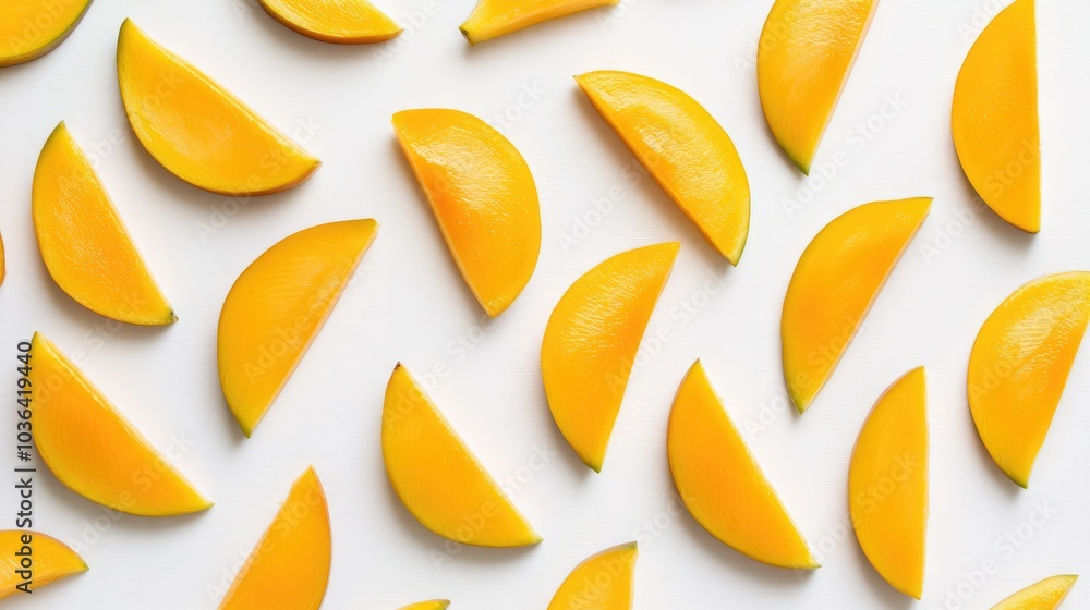 A top-down view of sliced mangoes arranged artistically on a white background, with a bright, tropical vibe. Fresh and colorful. A top-down view of sliced mangoes arranged artistically on a white background, with a bright, tropical vibe. Fresh and colorful.
