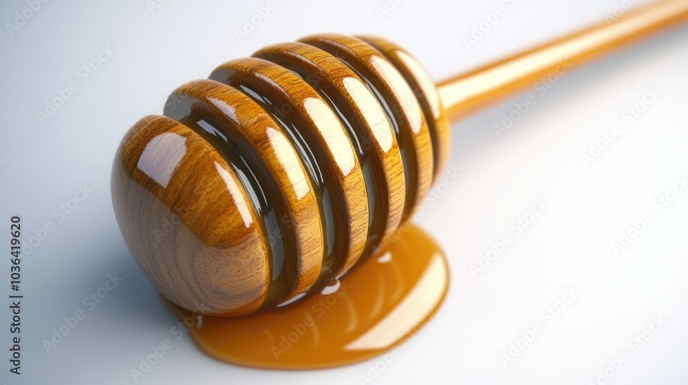 A wooden honey dipper dripping golden honey onto a smooth white background, capturing the sticky, sweet texture in motion. Simple and delicious.