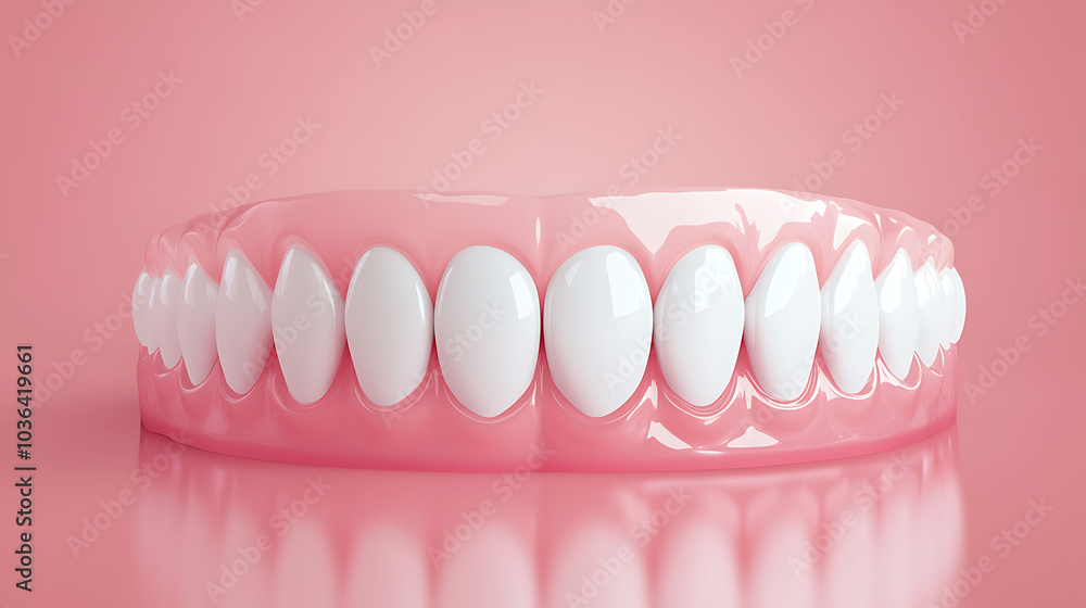 Fototapeta premium A set of perfect white teeth with pink gums on a pink background.