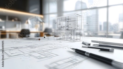Architectural Blueprint Workspace with Technical Drawing Tools and Office Supplies on a Desk  Concept of Planning Designing and Developing a Construction or Engineering Project