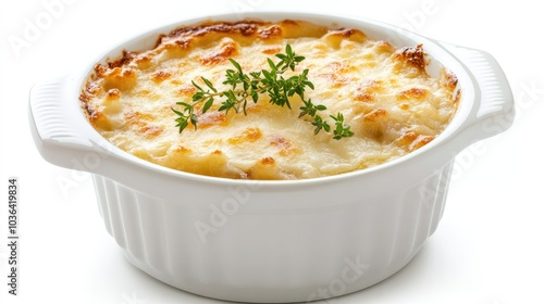 Classic French onion soup with a golden cheese crust, served in a white ceramic bowl, on a clean white background. Elegant and warm.