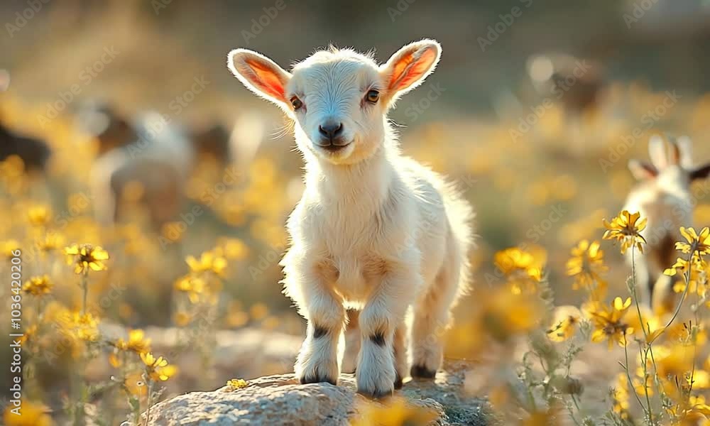 A playful goat standing on a rock amidst blooming flowers. A playful goat standing on a rock amidst blooming flowers.
