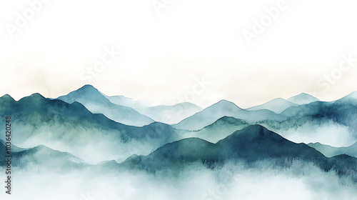 Watercolor painting of a misty mountain range with a white background.