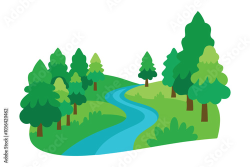 Forest scene featuring a river flowing through lush green trees isolated flat vector illustration white background