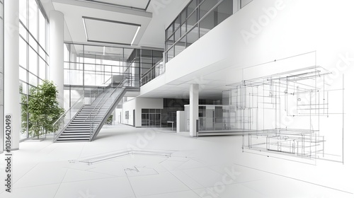 Bright and minimalist interior of a modern commercial building with glass walls open corridors and industrial architectural elements