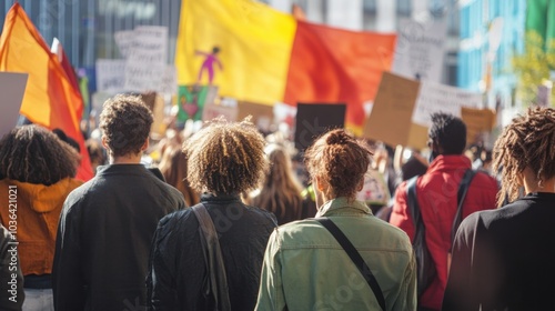 A group of activists rallying for social justice and equality in a diverse city square filled with banners and flags, Modern lifestyle theme, Protest scene