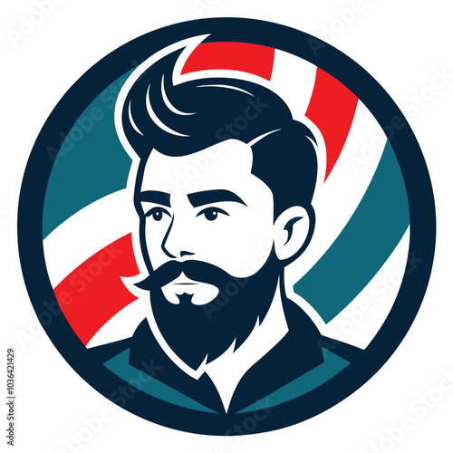 Stylish barber shop logo featuring a dashing man with a beard and mustache vector