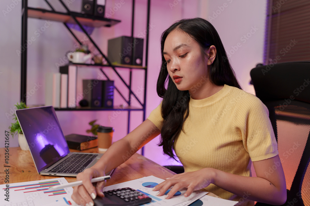 Fototapeta premium Asian woman sitting at work, busy with documents, stressed face, busy with work.