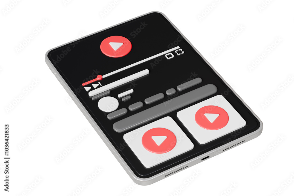 Fototapeta premium 3d Realistic Tablet Playing videos website player browser icon isolated background. Minimal red videos player icon. Playing video player entertainment concept, streaming videos concept. 3d render.
