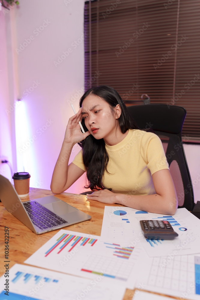 Asian woman sitting at work, busy with documents, stressed face, busy with work. Asian woman sitting at work, busy with documents, stressed face, busy with work.