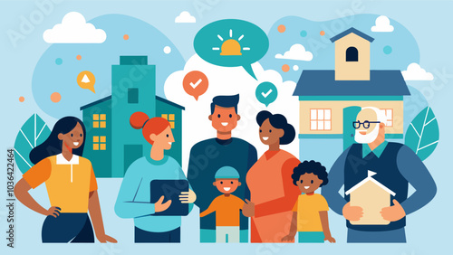 Residents exchange their own personal safety experiences and concerns during a group discussion facilitated by the neighborhood safety workshop.. Vector illustration