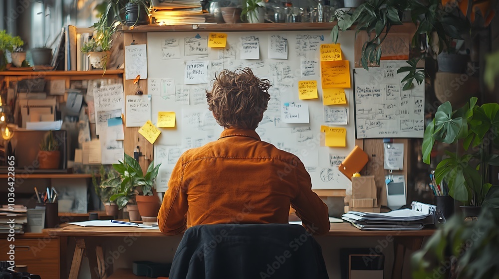 Creative workspace a young professional engaged in ideation surrounded by notes plants and inspiration for innovation Creative workspace a young professional engaged in ideation surrounded by notes plants and inspiration for innovation