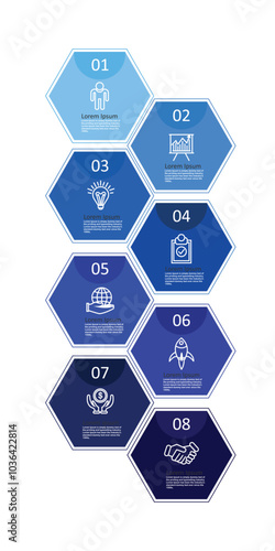 Vertical Infographics hexagon with 8 step. You can used for Marketing process, workflow presentations layout, flow chart, Development plan