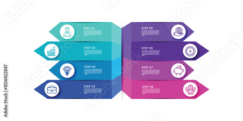 Modern infographic template. Big paper arrow of 8 colourful horizontal strips. Can be used for graph, chart, report, presentation