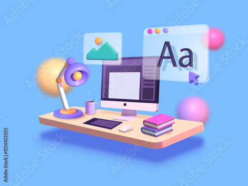 Home office workspace concept, blank screen desktop computer on table with keyboard, mouse, cup, pencil holder, lamp and plant on desk. 3D Minimal Design