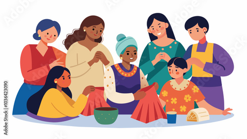 The diverse group of neighbors coming together to sew traditional outfits for a cultural festival sharing stories and traditions as they work.. Vector illustration