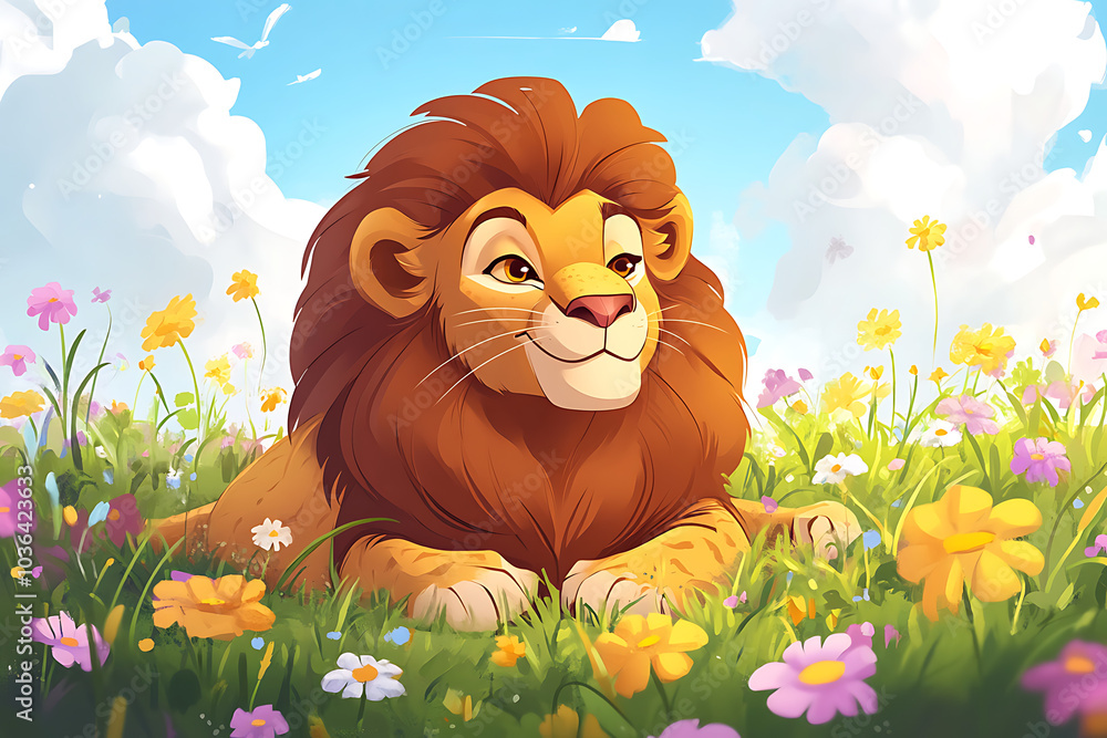 A cheerful lion relaxing in a vibrant flower-filled meadow under a bright blue sky. A cheerful lion relaxing in a vibrant flower-filled meadow under a bright blue sky.