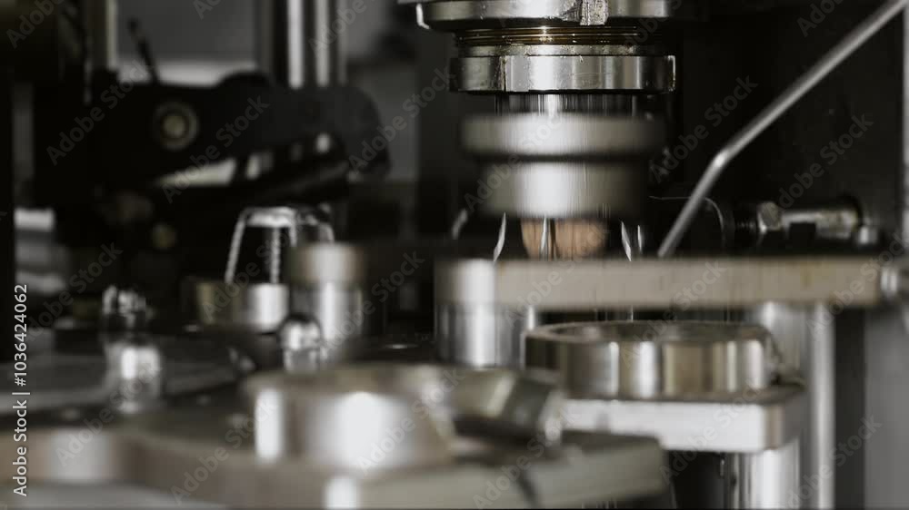 Close-up of the process of attaching the cork to champagne bottles. Technological line for bottling drinks at the plant. Champagne and wine bottling line at the plant. Production of sparkling drinks. Close-up of the process of attaching the cork to champagne bottles. Technological line for bottling drinks at the plant. Champagne and wine bottling line at the plant. Production of sparkling drinks.
