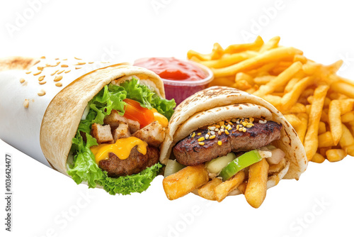 Kebab with vegetables and chips on a plate, showcasing a delicious meal of grilled meat, fresh salad, and bread