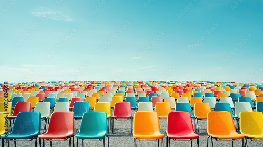 Fototapeta premium A wide-angle shot of a stadium with rows of empty plastic chairs, the seats forming a colorful sea under the open sky. The anticipation of the event is captured in the stillness of the empty seats.