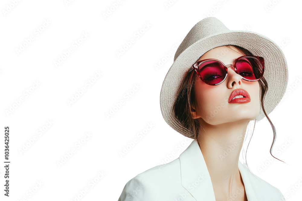 A glamorous portrait of a woman with a stylish hat, showcasing her elegant makeup isolated on white background A glamorous portrait of a woman with a stylish hat, showcasing her elegant makeup isolated on white background