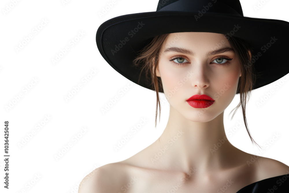 A glamorous portrait of a woman with a stylish hat, showcasing her elegant makeup isolated on white background A glamorous portrait of a woman with a stylish hat, showcasing her elegant makeup isolated on white background