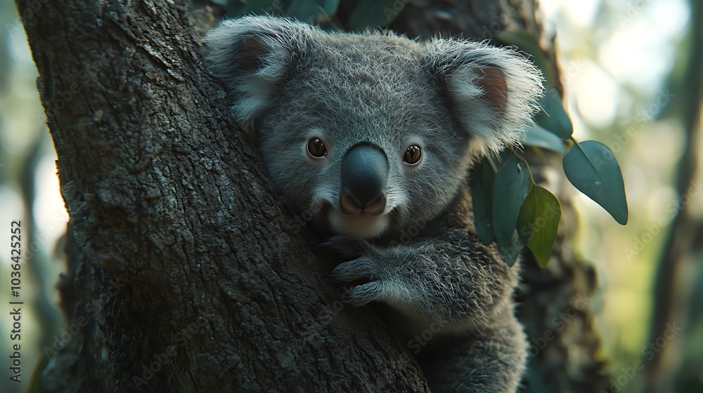 Obraz premium Adorable baby koala climbing tree in its natural habitat showcasing the beauty and charm of wildlife in australia