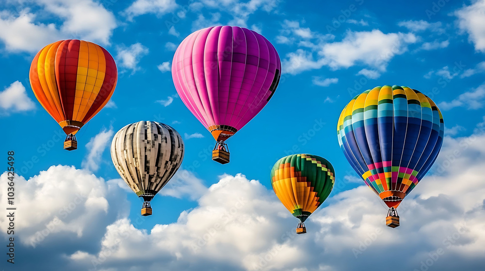 Fototapeta premium Five colorful hot air balloons soar through a blue sky with fluffy white clouds.