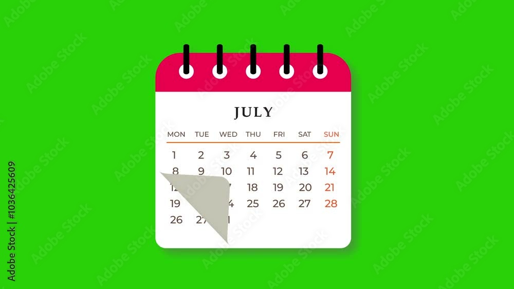 Calendar Flipping Pages Animation Monthly Chroma Key Green Background. 4K Resolution