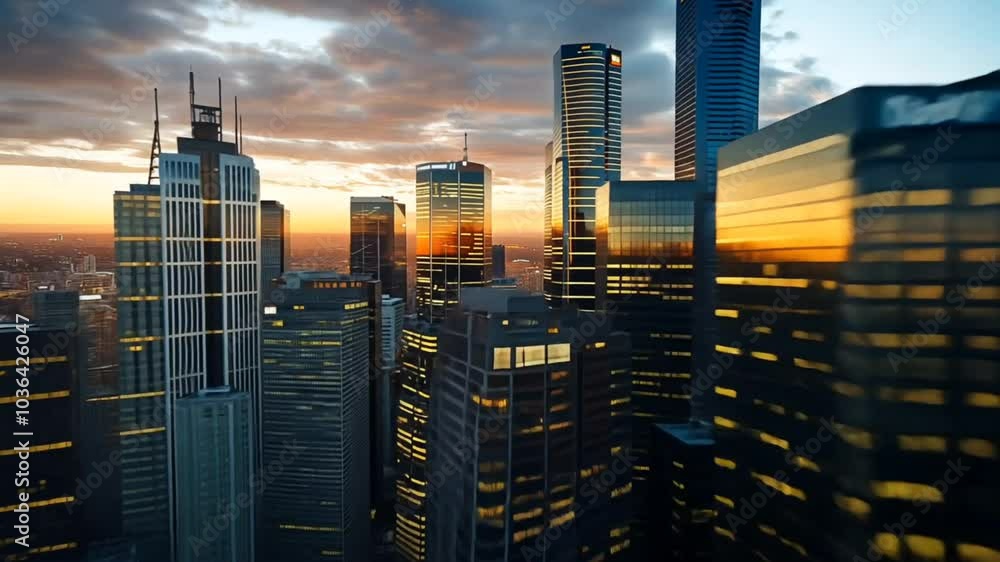 Modern city skyline with skyscrapers at sunset