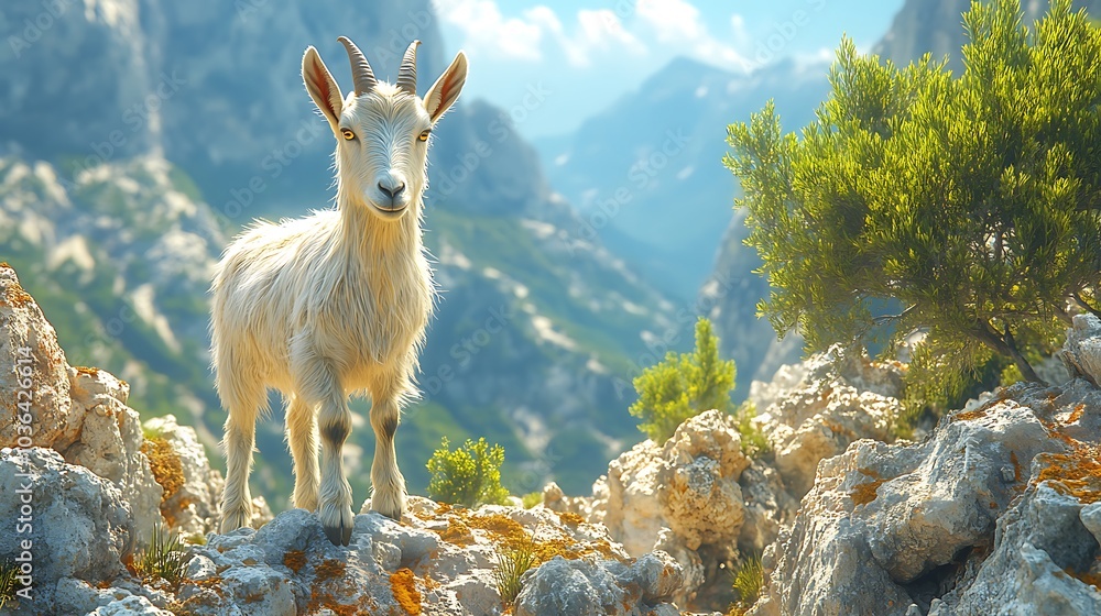 A majestic mountain goat standing proudly amongst rocky terrain under a bright blue sky in nature's splendor A majestic mountain goat standing proudly amongst rocky terrain under a bright blue sky in nature's splendor