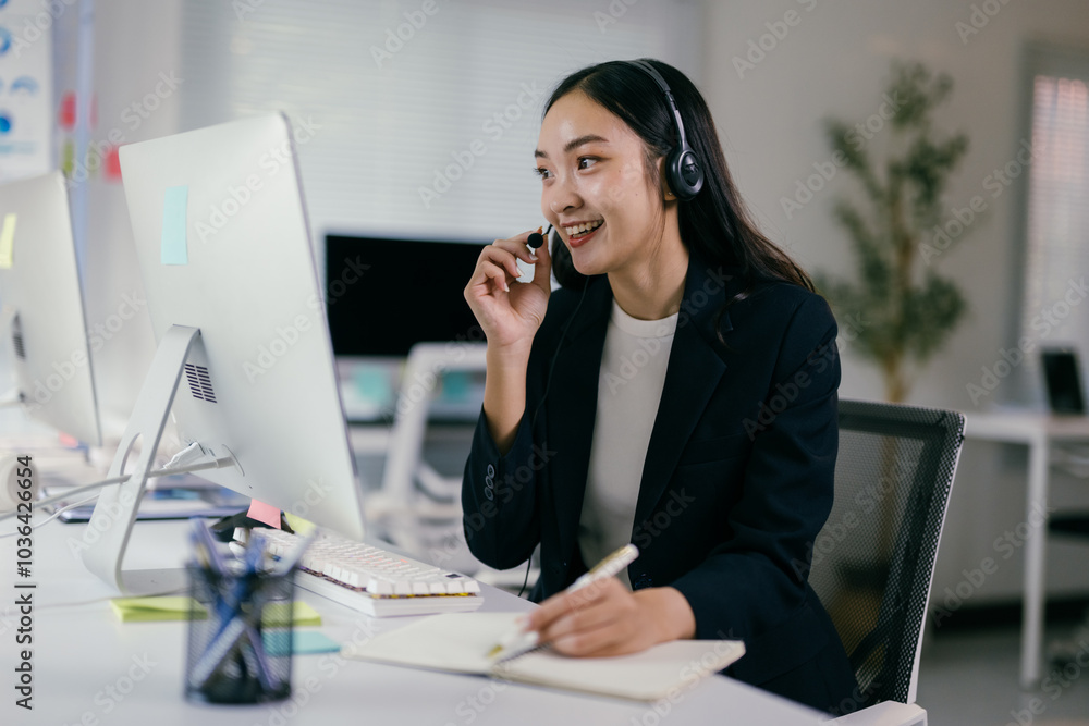 Focused asian woman in call center, wearing headset, taking notes, providing professional customer service with confidence and a smile Focused asian woman in call center, wearing headset, taking notes, providing professional customer service with confidence and a smile