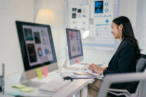 Focused businesswoman analyzing marketing data on laptop in office, smiling at success. Technology and data analysis in business strategy