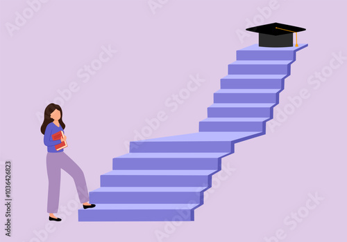 Success step to achieve higher education. The way to achieve high education. Teen student walking up to graduation cap in flat design.