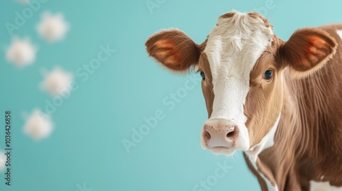 A young brown calf with a curious expression, set against a soft turquoise background, showcasing the innocence of farm life.