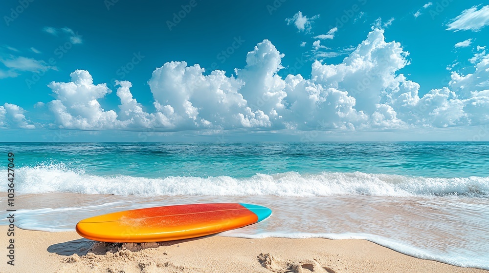 A vibrant surfboard on a sandy beach under a blue sky and fluffy clouds.