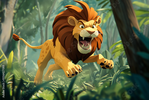 A fierce cartoon lion prowls through a lush jungle, showcasing its strength and agility.
