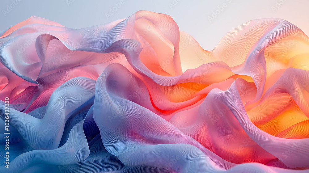 Obraz premium Abstract flowing fabric in shades of blue, pink, and orange.
