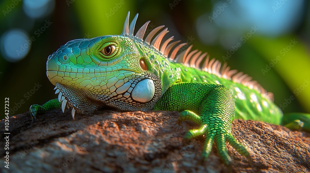 Vibrant green iguana resting on a rock surrounded by lush nature capturing the essence of wildlife in its natural habitat Vibrant green iguana resting on a rock surrounded by lush nature capturing the essence of wildlife in its natural habitat