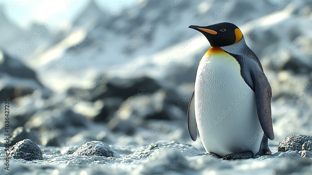 Fototapeta premium Majestic emperor penguin standing on icy terrain amidst snow-capped mountains with a clear blue sky background