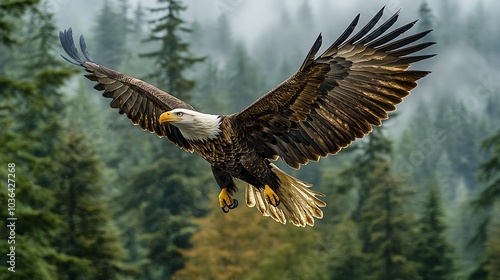 Wallpaper Mural Majestic bald eagle soaring through misty forest landscape a symbol of freedom and strength in nature's beauty Torontodigital.ca