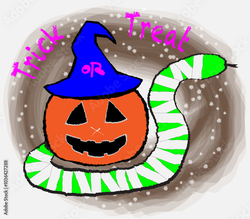 Halloween orange pumpkin put on blue hat and green snake wrapped with white stripes
