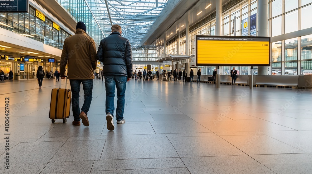 Airport Departure: Two men stroll through a modern airport terminal, luggage in tow, embarking on a journey. A sense of anticipation and adventure fills the scene. Airport Departure: Two men stroll through a modern airport terminal, luggage in tow, embarking on a journey. A sense of anticipation and adventure fills the scene.