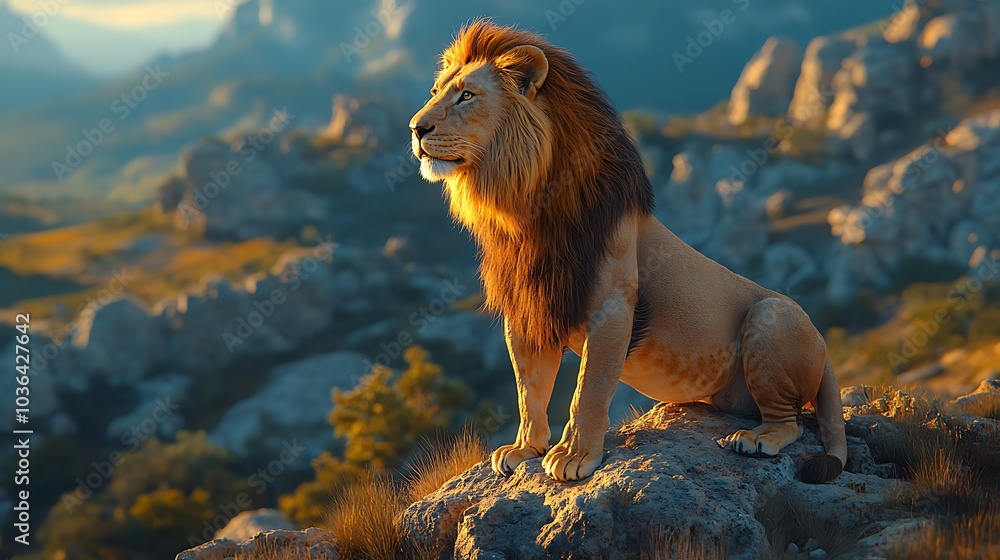 Obraz premium Majestic lion sitting on a rock a stunning portrait of nature's king in a breathtaking landscape setting