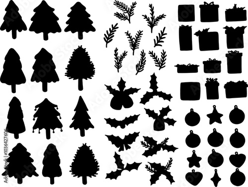 Set collection vector illustration of silhouette black and white Christmas decoration