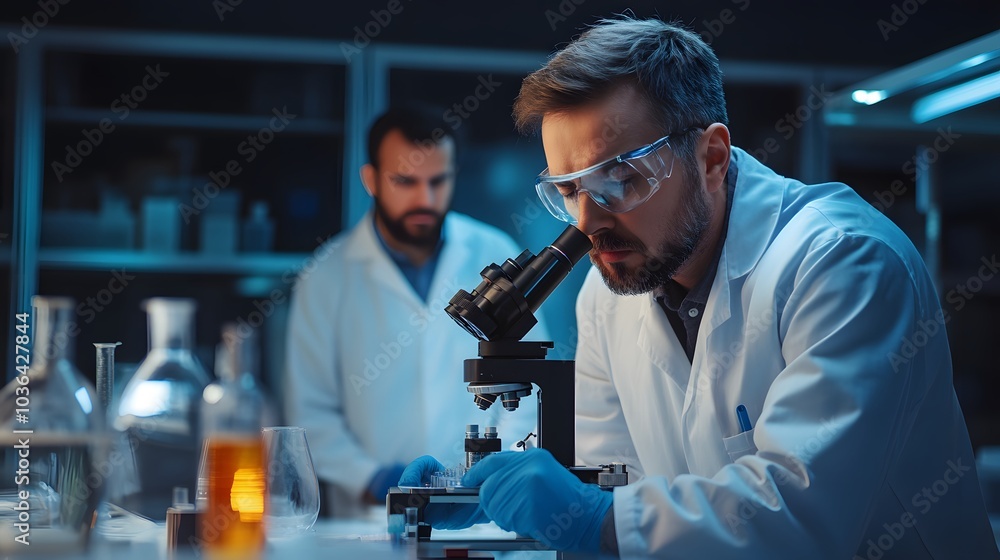 A Scientist Wearing Safety Glasses Uses a Microscope in a Lab A Scientist Wearing Safety Glasses Uses a Microscope in a Lab