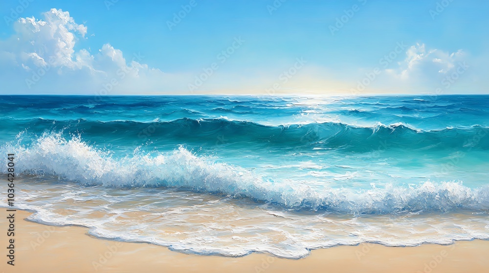 Vibrant ocean waves crashing on sandy beach, bright blue sky with fluffy clouds. Vibrant ocean waves crashing on sandy beach, bright blue sky with fluffy clouds.